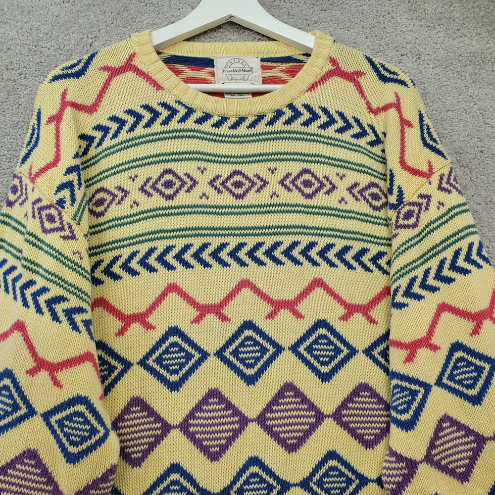 Vintage Preswick & Moore Sweater Men L Multi Geometric Retro Cotton Crew Grandpa